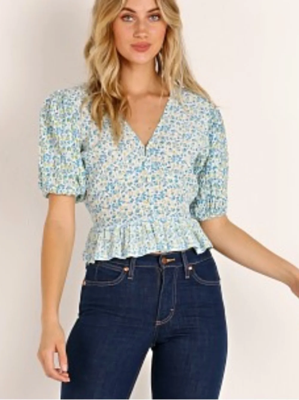 Faithfull the Brand Mona Blue and White Floral V-Neck Peplum Blouse